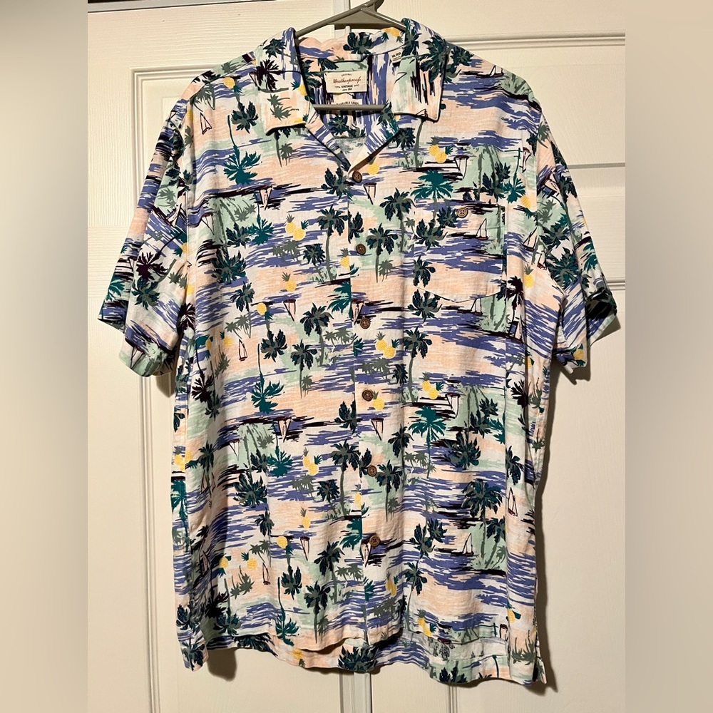 Weatherproof Vintage Men’s XL Washable  Linen Hawaiian Shirt Short Sleeve